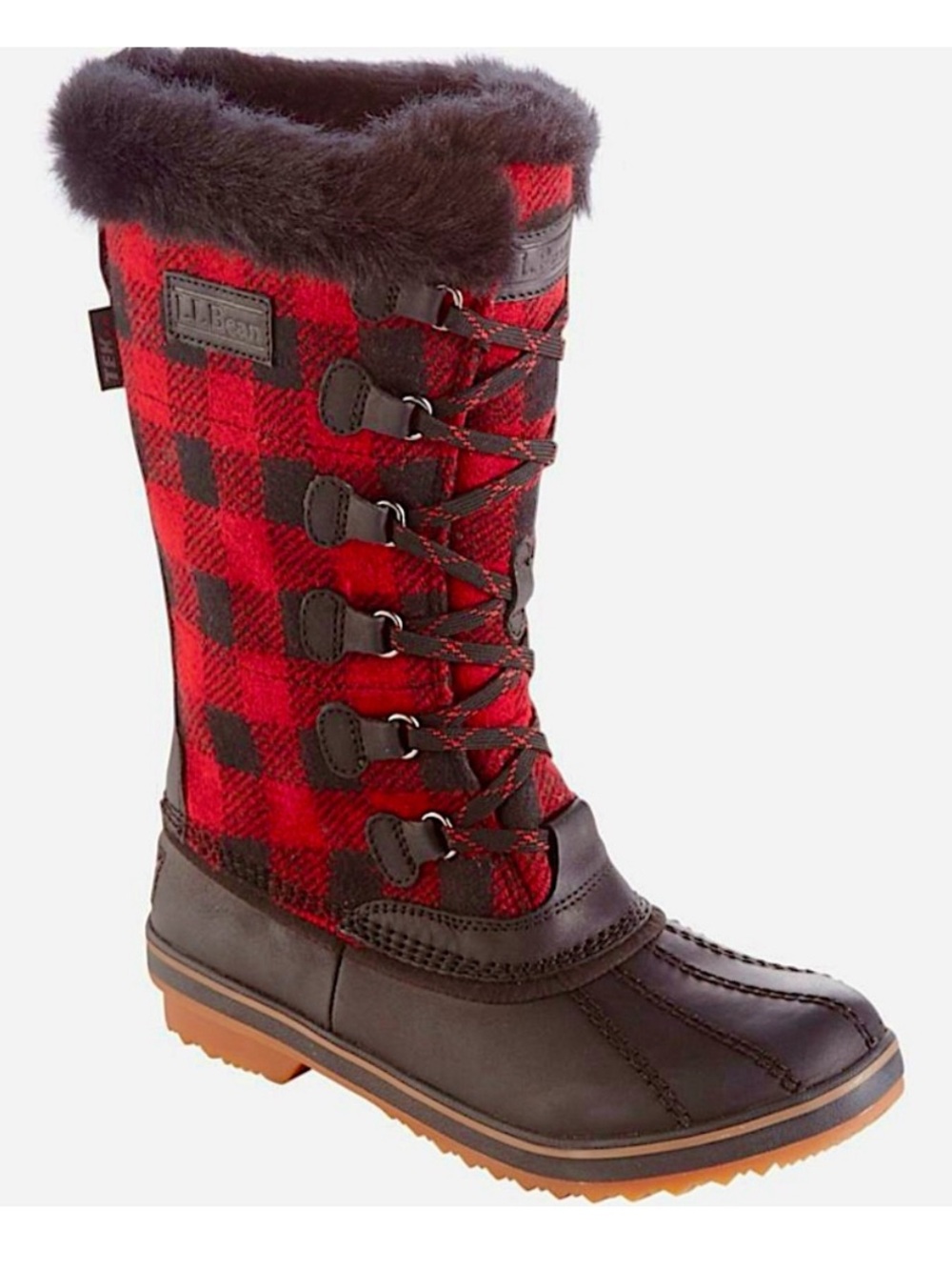 L.L. Bean Rangeley Pac Boots Red & Black Buffalo Plaid Insulated Fur Lined Sz 9